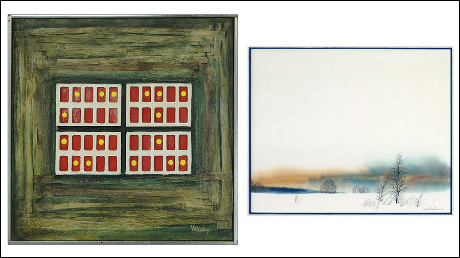 MEL KISHNER (AMERICAN, 1915-1991) WINTER LANDSCAPE.: MEL KISHNER (AMERICAN, 1915-1991) WINTER LANDSCAPE. Lithograph on paper. Signed and dated "Mel Kishner 66" LR. Together with a mixed media on canvas. Signed "VadeeKay" LR, and titled "Yellow Speckled 
