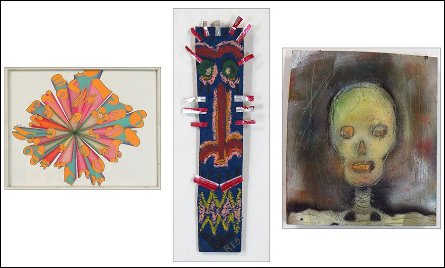 REB ROBERTS (AMERICAN, 20TH CENTURY) JU JU DOLL, 1995.: REB ROBERTS (AMERICAN, 20TH CENTURY) JU JU DOLL, 1995. Acrylic and pastel on board. Signed LR. Unframed. Together with "Death on Arrival", signed WM Alexander; and a drawing signed Ziemmle '72 21" x 4