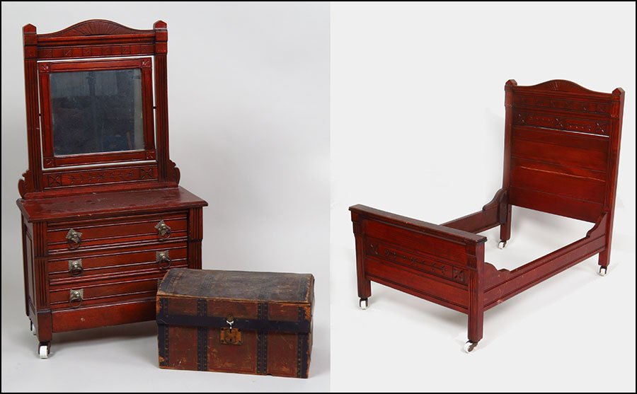 EASTLAKE DOLL CHEST OF DRAWERS AND BED FRAME.: EASTLAKE DOLL CHEST OF DRAWERS AND BED FRAME. Together with a turned wood doll crib and a doll trunk Chest: H: 27" x W: 15" x D: 8"