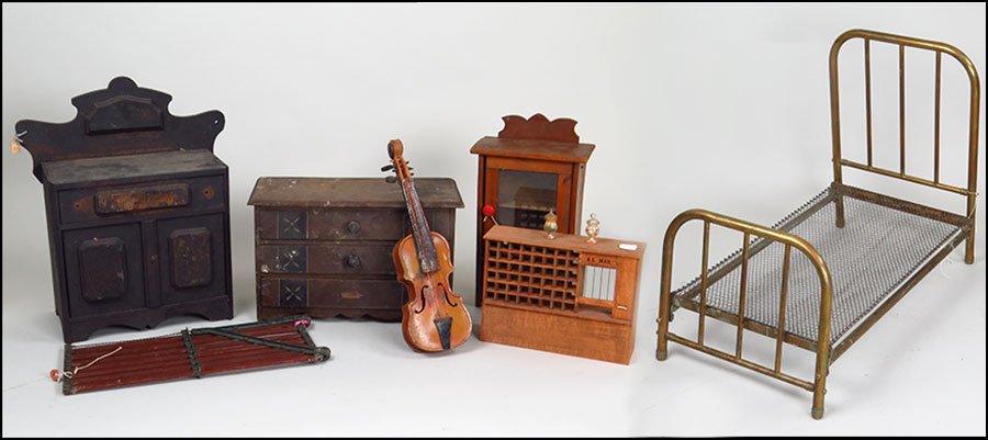 COLLECTION OF DOLL ACCESSORIES.: COLLECTION OF DOLL ACCESSORIES. Comprised of a diminutive postal service mail hutch, a chests of drawers, a fence door, and a glass door cabinet, and a two door cabinet Tallest height: 14.5"