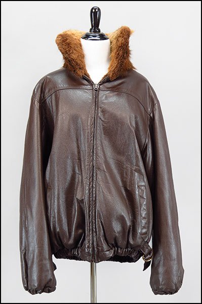 A MEN'S BROWN LEATHER AND BEAVER FUR REVERSIBLE BOMBER: A MEN'S BROWN LEATHER AND BEAVER FUR REVERSIBLE BOMBER JACKET. Size: Men's large