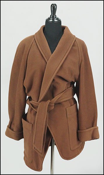 A CLAUDE MONTANA BROWN WOOL COAT.: A CLAUDE MONTANA BROWN WOOL COAT. Shawl collar, self belt, and front patch pockets Size 4