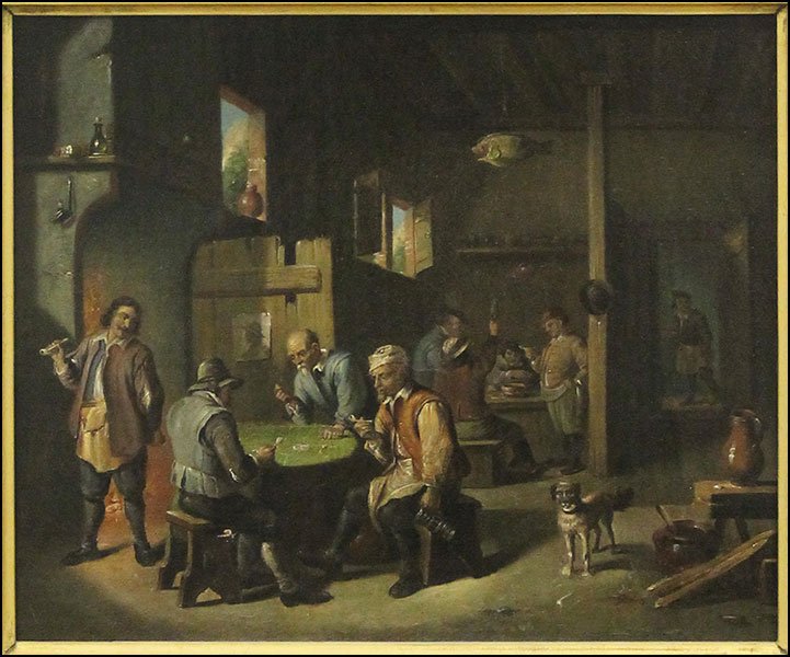 DUTCH SCHOOL (18TH CENTURY) MEN IN A BAR.: DUTCH SCHOOL (18TH CENTURY) MEN IN A BAR. Oil on canvas, unsigned Canvas: 10.5'' x 12.5'' Frame: 17'' x 19.5''