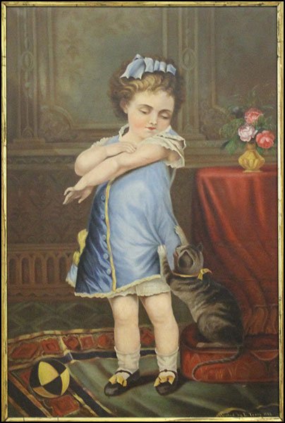 E. TERRY (LATE 19TH CENTURY) NAUGHTY PUSS.: E. TERRY (LATE 19TH CENTURY) NAUGHTY PUSS. Oil on canvas. Signed lower right and dated 1885 Canvas: 26.5'' x 17.5'' Frame: 34'' x 26''