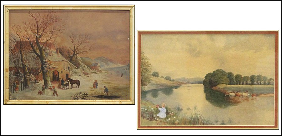 EVANGENE I. REED (BRITISH, 1893-1982) PASTORAL SCENE.: EVANGENE I. REED (BRITISH, 1893-1982) PASTORAL SCENE. Watercolor on paper, signed and dated lower right, 1926. Together with a Continental winter scene of a farmhouse, oil on canvas, unsigned Larger f
