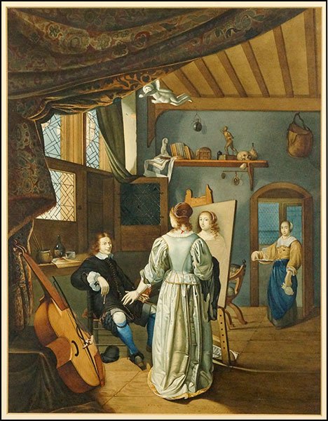 DUTCH SCHOOL (19TH CENTURY) IN THE ARTIST'S STUDIO.: DUTCH SCHOOL (19TH CENTURY) IN THE ARTIST'S STUDIO. Gouache and watercolor on paper. Unsigned Sight: 20'' x 15'' Frame: 32'' x 26''