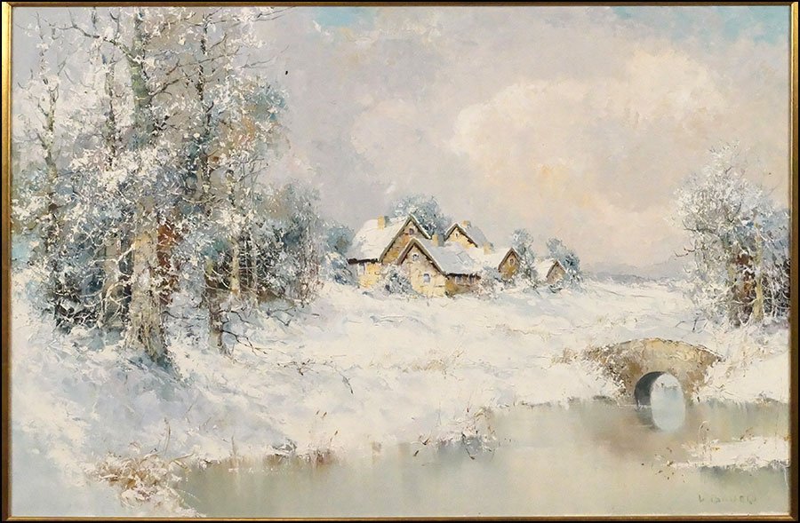 WILLI BAUER (GERMAN, B. 1923) SNOWY SCENE.: WILLI BAUER (GERMAN, B. 1923) SNOWY SCENE. Oil on canvas. Signed lower right. Depicting a house and bridge Canvas: 24'' x 36'' Frame: 36'' x 46''