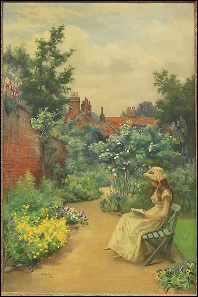 JOHN SHIRLEY FOX (BRITISH, 1860-1939) AN AFTERNOON: JOHN SHIRLEY FOX (BRITISH, 1860-1939) AN AFTERNOON READING. Oil on canvas. Signed and dated lower left, 1897. Bearing a 'Callard of London Antiques Chicago' label en verso Canvas: 36'' x 24'' Frame: 4