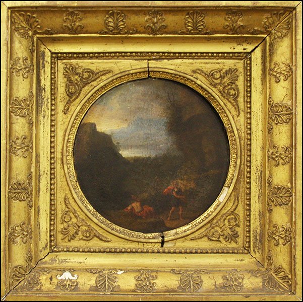 CONTINENTAL SCHOOL (18TH CENTURY) MYTHOLOGICAL SCENE.: CONTINENTAL SCHOOL (18TH CENTURY) MYTHOLOGICAL SCENE. Oil on canvas. Unsigned Diameter of canvas: 8'' Frame: 13.5'' x 13.5''