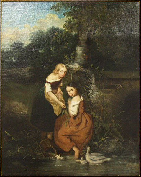 CONTINENTAL SCHOOL (19TH CENTURY) FEEDING THE DUCKS,: CONTINENTAL SCHOOL (19TH CENTURY) FEEDING THE DUCKS, TWO GIRLS AT THE STREAM. Oil on canvas. Signed illegibly, 'J. Vandenbergen' Canvas: 35'' x 28'' Frame: 39.5'' x 32''