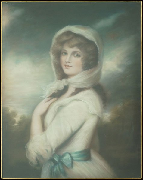 BRITISH SCHOOL (19TH CENTURY) PORTRAIT OF A WOMAN IN A: BRITISH SCHOOL (19TH CENTURY) PORTRAIT OF A WOMAN IN A SHAWL. In the manner of William Gainsborough. Pastel on paper. Unsigned Sight: 35'' x 27.5'' Frame: 45.5'' x 38''