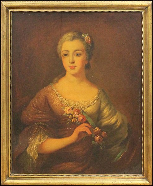 ARTIST UNKNOWN (BRITISH, 20TH CENTURY) PORTRAIT OF A: ARTIST UNKNOWN (BRITISH, 20TH CENTURY) PORTRAIT OF A WOMAN HOLDING FLOWERS. Oil on canvas. Unsigned. Bearing a 'Marshall Field Company' label en verso Canvas: 32'' x 26'' Frame: 36.25'' x 30''