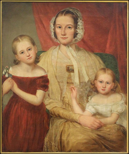 BRITISH SCHOOL (19TH CENTURY) PORTRAIT OF A MOTHER AND: BRITISH SCHOOL (19TH CENTURY) PORTRAIT OF A MOTHER AND HER TWO DAUGHTERS. Oil on canvas. Unsigned. Bearing a partial label en verso (illegible) and a 'Millar & Beatty, Dublin' label Canvas: 36'' x 30'