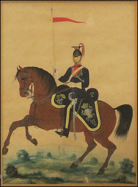 ARTIST UNKNOWN (BRITISH SCHOOL, 19TH CENTURY) PORTRAIT: ARTIST UNKNOWN (BRITISH SCHOOL, 19TH CENTURY) PORTRAIT OF A LANCER ON A HORSE. Watercolor and gouache on paper. Unsigned Sight: 11.25'' x 8.5'' Frame: 18.25'' x 16.5''