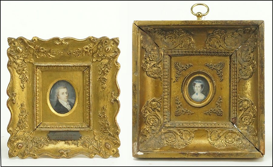 ARTISTS UNKNOWN (CONTINENTAL SCHOOL, LATE 19TH CENTURY): ARTISTS UNKNOWN (CONTINENTAL SCHOOL, LATE 19TH CENTURY) TWO PORTRAIT MINIATURES. One of a lady, one of a gentleman, signed illegibly en verso with a name plate reading 'Louis Perin 1753-1817' on the f