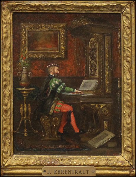 ATTRIBUTED TO JULIUS EHRENTRAUT (GERMAN, 1841-1923): ATTRIBUTED TO JULIUS EHRENTRAUT (GERMAN, 1841-1923) PLAYING THE ORGAN. Oil on panel. Initialed lower right illegibly. With a name plate 'J. Ehrentraut' on the front Panel: 7'' x 5.25'' Frame: 12.25'' 