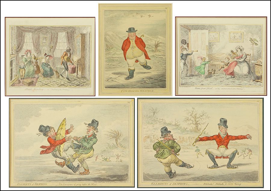 A GROUP OF FIVE 19TH CENTURY BRITISH PRINTS.: A GROUP OF FIVE 19TH CENTURY BRITISH PRINTS. Comprising three by H. Humphrey, two 'Elements of Skating', and two by George Cruikshank 'Home from School' and 'Commencement of Holiday'. One is framed, f