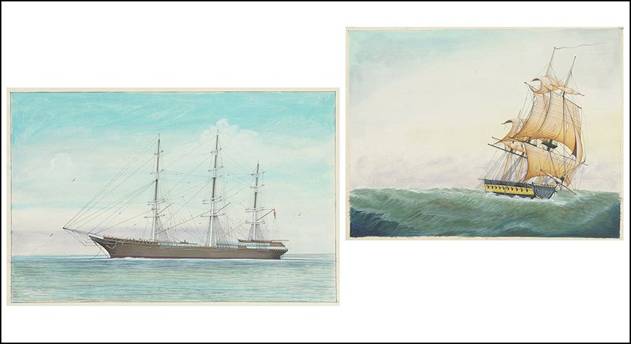 ARTIST UNKNOWN (BRITISH SCHOOL, EARLY 20TH CENTURY) TWO: ARTIST UNKNOWN (BRITISH SCHOOL, EARLY 20TH CENTURY) TWO SHIPS AT SEA. Both watercolor with ink on paper. Unsigned. On mats, unframed Mat: 12'' x 15.5''