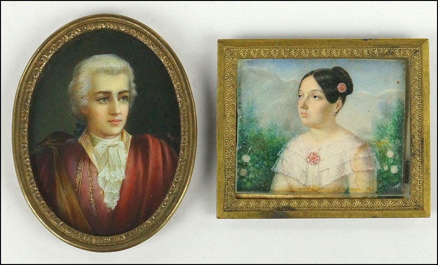 TWO CONTINENTAL SCHOOL PORTRAIT MINIATURES.: TWO CONTINENTAL SCHOOL PORTRAIT MINIATURES. One depicting a man, one depicting a lady in a garden. Both are signed, the man 'Foget' and the woman illegibly. In gilt metal frames Oval frame: 2.75'' x 2