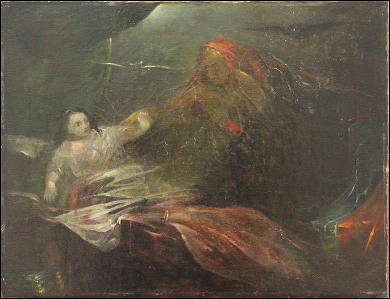 ARTIST UNKNOWN (BRITISH SCHOOL) WITCHCRAFT.: ARTIST UNKNOWN (BRITISH SCHOOL) WITCHCRAFT. Oil on canvas mounted to board. Unsigned. Unframed Board: 14'' x 18''