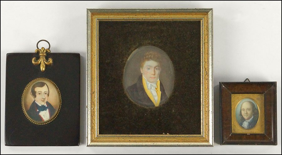 GROUP OF THREE 19TH CENTURY CONTINENTAL SCHOOL PORTRAIT: GROUP OF THREE 19TH CENTURY CONTINENTAL SCHOOL PORTRAIT MINIATURES. Depicting gentlemen. In various sized frames. None are signed Largest frame: 5.5'' x 5''