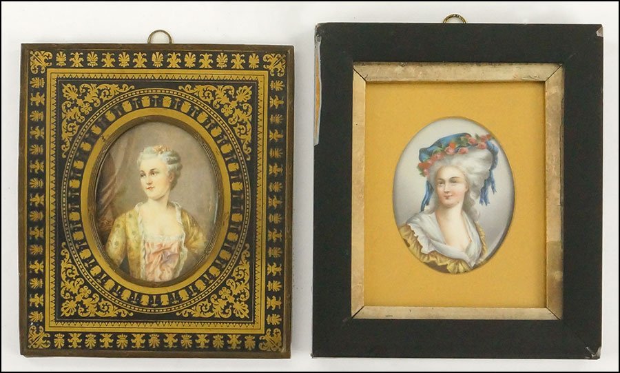 TWO 19TH CENTURY CONTINENTAL SCHOOL PORTRAIT: TWO 19TH CENTURY CONTINENTAL SCHOOL PORTRAIT MINIATURES. Both depicting women. Both unsigned. One in a gilt metal frame Larger frame: 6.75'' x 5.75''