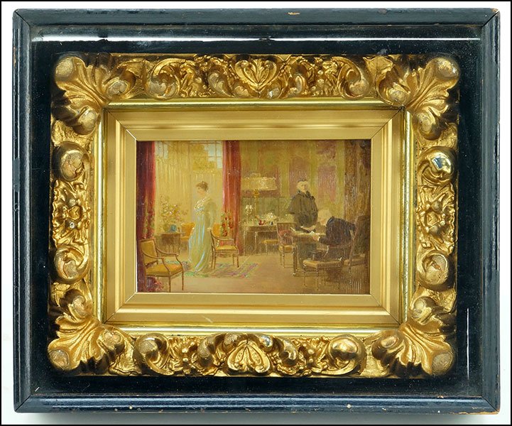 ARTIST UNKNOWN (CONTINENTAL SCHOOL, 19TH CENTURY): ARTIST UNKNOWN (CONTINENTAL SCHOOL, 19TH CENTURY) INTERIOR SCENE. Oil on board. Unsigned. Contained in a glass front shadowbox Board: 4.25'' x 5.5'' Box: 9'' x 11''