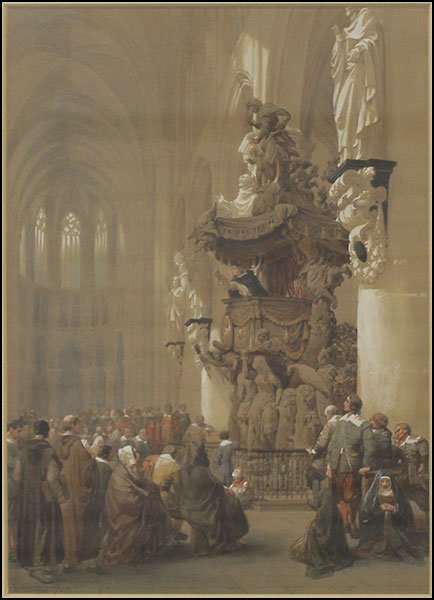 LOUIS HAGHE (BRITISH, 1806-1885) PULPIT IN ST. GUDULE,: LOUIS HAGHE (BRITISH, 1806-1885) PULPIT IN ST. GUDULE, BRUSSELS. Watercolor and gouache on paper. Signed lower left and dated, 1849 Sight: 15'' x 11.5'' Frame: 25'' x 20''