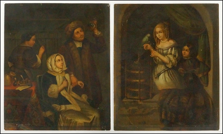 CONTINENTAL SCHOOL (19TH CENTURY) TWO INTERIOR SCENES.: CONTINENTAL SCHOOL (19TH CENTURY) TWO INTERIOR SCENES. Oil on metal panels. Unsigned. One scene bears a woman holding a parrot with a child and another depicts three people. Unframed Single panel: 10'