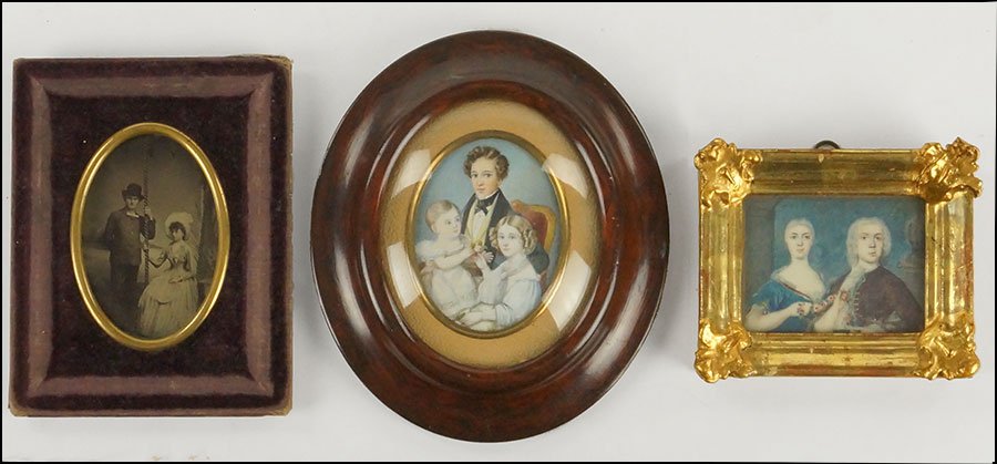 TWO 19TH CENTURY CONTINENTAL SCHOOL FIGURAL GROUP: TWO 19TH CENTURY CONTINENTAL SCHOOL FIGURAL GROUP PORTRAIT MINIATURES. Comprised of one depicting a couple, unsigned and one of a husband, wife, and child, unsigned. Together with a Victorian era blac