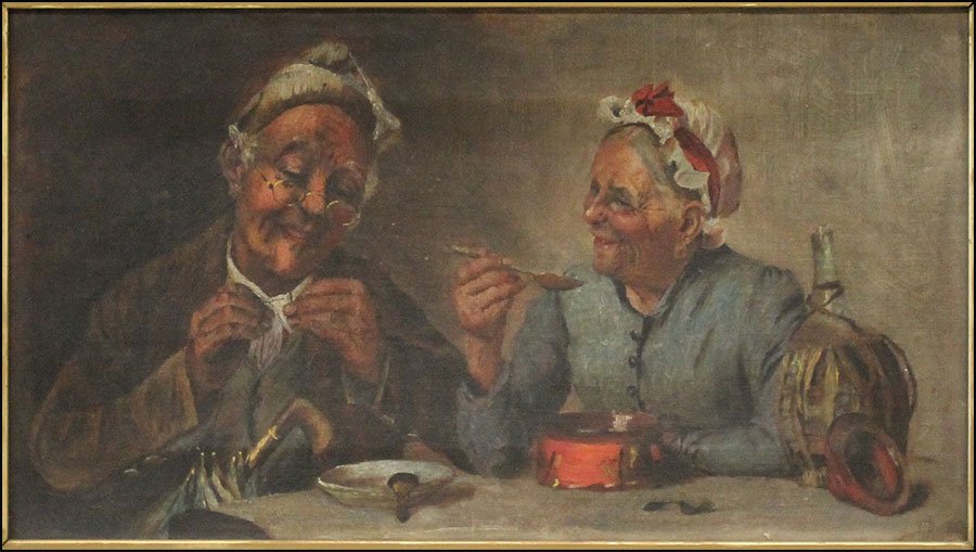 UNKNOWN ARTIST (CONTINENTAL SCHOOL) OLDER COUPLE EATING: UNKNOWN ARTIST (CONTINENTAL SCHOOL) OLDER COUPLE EATING SOUP. Oil on canvas. Initialed and dated illegibly lower right Canvas: 8.75'' x 15.75'' Frame: 12'' x 19''