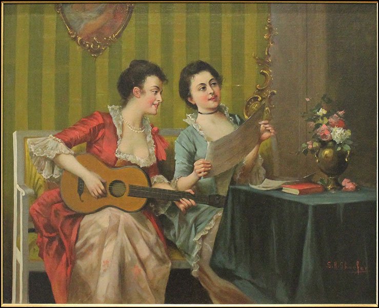 S.R. SHAEFER (CONTINENTAL SCHOOL, LATE 19TH/EARLY 20TH: S.R. SHAEFER (CONTINENTAL SCHOOL, LATE 19TH/EARLY 20TH CENTURY) THE GUITAR LESSON. Oil on canvas. Signed lower right Canvas: 18'' x 22'' Frame: 21.5'' x 25.5''