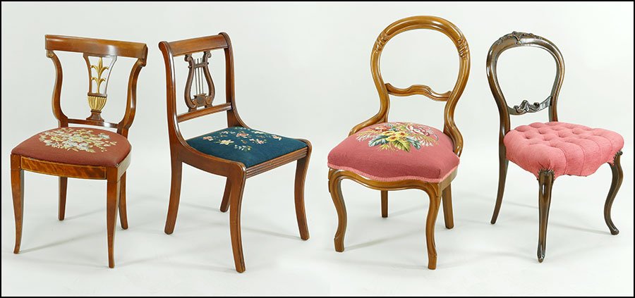 TWO VICTORIAN BALLOON BACK PARLOUR CHAIRS.: TWO VICTORIAN BALLOON BACK PARLOUR CHAIRS. Together with a lyre back parlour chair and another parlour chair with an urn form back. Three chairs bear needlepoint upholstery Tallest back height: 36.5"