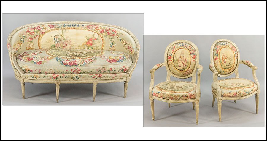 A FRENCH PARLOR SUITE.: A FRENCH PARLOR SUITE. Comprising a sette and a pair of open armchairs. Upholstered in 19th Century tapestries depicting unicorns and mythological scenes Settee: 38" x 70" x 24"