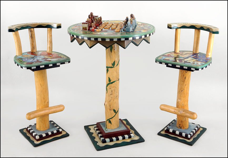 A PAINTED WOOD GAMES TABLE.: A PAINTED WOOD GAMES TABLE. Comrising a high top painted wood table and a pair of swiveling stools. Table labled 'Sticks 1999.' Together with a group of game pieces Table: 41" x 30" Stools: H: 41"