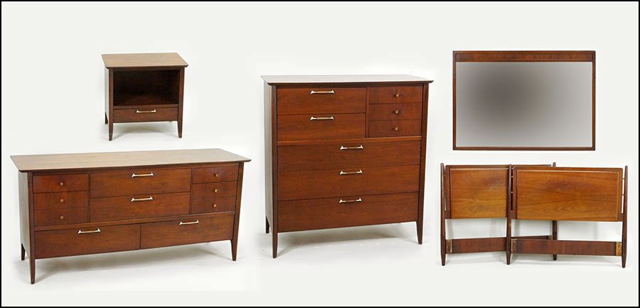 A DREXEL MID-CENTURY BEDROOM SUITE.: A DREXEL MID-CENTURY BEDROOM SUITE. Comprising two chests (Smaller: 46" x 44" x 20" Larger: 31" x 66" x 20"), a night stand (23" x 24" x 17"), a mirror (35" x 50"), and two headboards (35" x 41")
