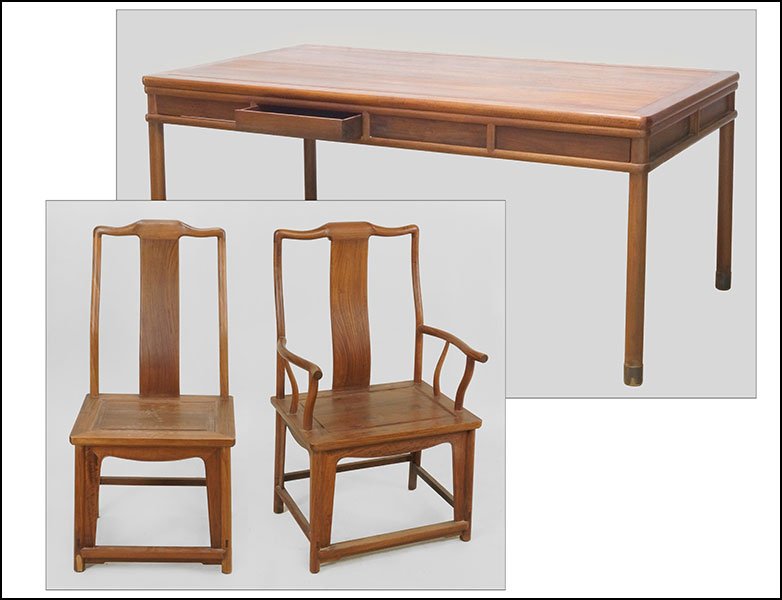 A CHINESE TEAK DINING TABLE.: A CHINESE TEAK DINING TABLE. Together with two teak open armchairs and four teak side chairs (back heights: 43"). Table bears four drawers on either side and has straight cylindrical legs which end in