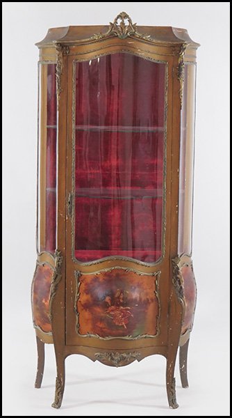 A FRENCH HANDPAINTED VERNIS MARTIN STYLE VITRINE.: A FRENCH HANDPAINTED VERNIS MARTIN STYLE VITRINE. Bearing Rococo style gilt bronze ormolu mountings, parquetry veneer, three ormolu mounted painted scenes depicting a pastoral scene and landscapes, an