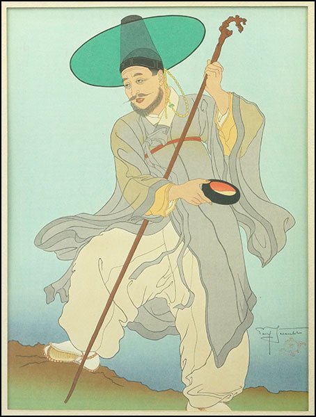 PAUL JACOULET (FRENCH/JAPANESE, 1902-1960) LE BRONZE: PAUL JACOULET (FRENCH/JAPANESE, 1902-1960) LE BRONZE ERRANT COREE. Woodblock print. Pencil signed LR, with red seal beneath Sight: 15" x 11"