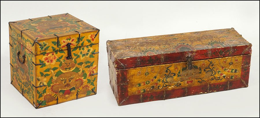 TWO CHINESE PAINTED CHESTS.: TWO CHINESE PAINTED CHESTS. Both bear a painted papier mache surface, one decorated with dragons (18" x 17.5" x 16") and the other with tigers (12" x 33.5" x 12")