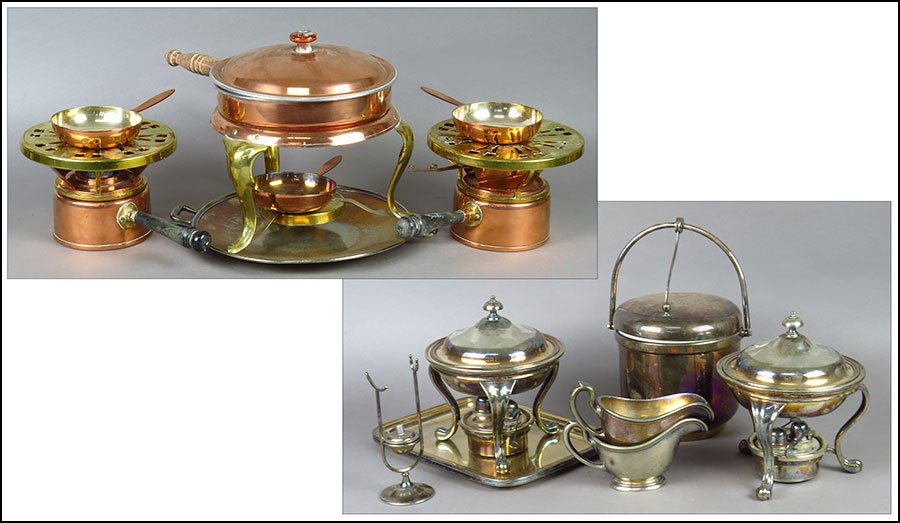A COLLECTION OF SILVER SOLDERED TABLE ARTICLES.: A COLLECTION OF SILVER SOLDERED TABLE ARTICLES. Comprising a pair of rectangular trays, a pair of sauce boats, a pair of chafing dishes, and a round double handled tray. Together with a silverplate ic