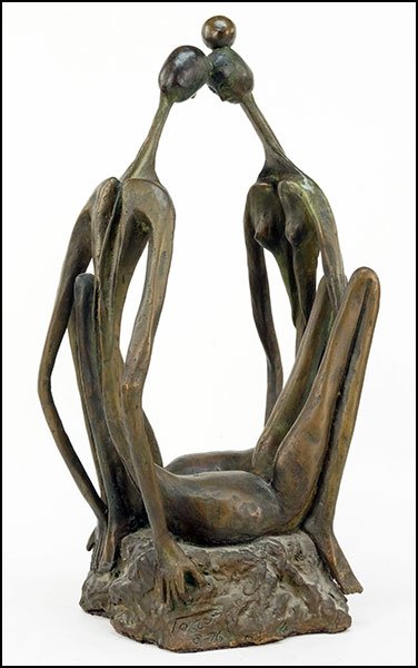 JEAN JACQUES PORRET (SWISS, 20TH CENTURY) BENCH TALK.: JEAN JACQUES PORRET (SWISS, 20TH CENTURY) BENCH TALK. Bronze sculpture, dated 8-76, signed within the base of the sculpture, includes Certificate of Authenticity 20" x 10" x 8"