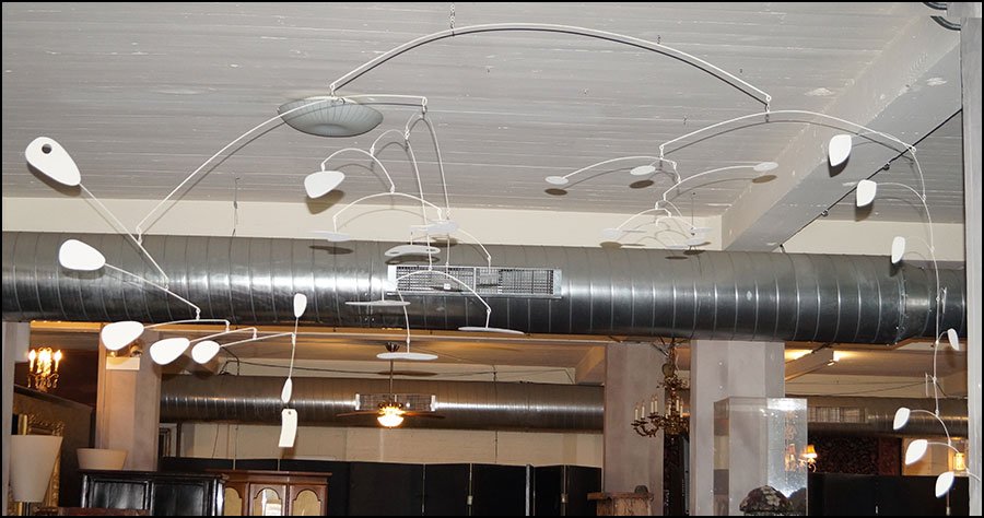 ARTIST UNKNOWN (20TH CENTURY) HANGING MOBILE.: ARTIST UNKNOWN (20TH CENTURY) HANGING MOBILE. Painted metal, signed illegibly 'La***r?' H: 40" Rotation radius: 9'5"