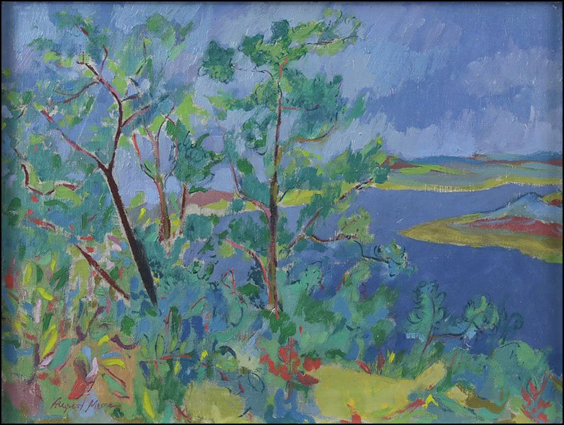 AUGUST MOSCA (ITALIAN, 1909-2002) LANDSCAPE WITH RIVER.: AUGUST MOSCA (ITALIAN, 1909-2002) LANDSCAPE WITH RIVER. Oil on canvas, signed LL Sight: 18.75" x 24.75" Frame: 21.5" x 27.5"