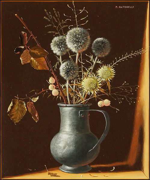PIERO ANTONELLI (ITALIAN, 1916-1990) STILL LIFE WITH: PIERO ANTONELLI (ITALIAN, 1916-1990) STILL LIFE WITH PEWTER PITCHER. Oil on board, signed UR Sight: 11.5" x 9.5" Frame: 19" x 17"