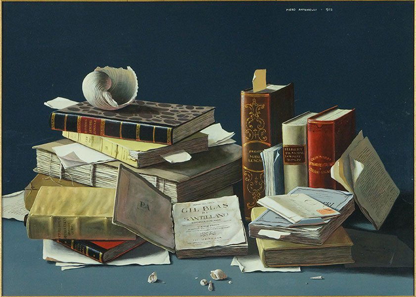 PIERO ANTONELLI (ITALIAN, 1916-1990) STILL LIFE WITH: PIERO ANTONELLI (ITALIAN, 1916-1990) STILL LIFE WITH BOOKS. Oil on canvas, signed and dated 1973 UR Sight: 19" x 27" Frame: 28" x 36"