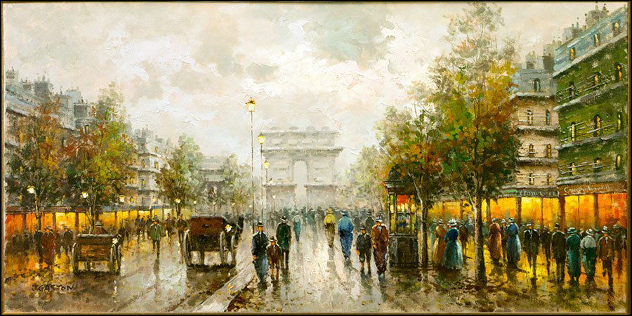 JOHNNY GASTON (B. 1955) PARISIAN STREET SCENE.: JOHNNY GASTON (B. 1955) PARISIAN STREET SCENE. Oil on canvas. Signed "J. Gaston" LL Canvas: 24" x 48"