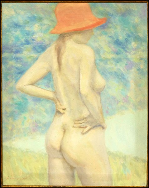 ANDRE GISSON (FRENCH, 1921-2003) NUDE IN AN ORANGE HAT.: ANDRE GISSON (FRENCH, 1921-2003) NUDE IN AN ORANGE HAT. Oil on canvas. Signed "Gisson" LL Canvas: 20" x 16"