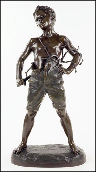 AFTER CHARLES VITAL-CORNU (FRENCH, 1851-1927) BOY WITH: AFTER CHARLES VITAL-CORNU (FRENCH, 1851-1927) BOY WITH A SICKLE AND A BRANCH. Patinated white metal, bearing artist's signature within the foreground 26" x 12.5" x 7"