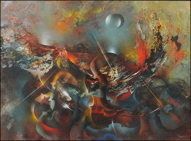 LEONARDO NIERMAN (MEXICAN, B. 1932) MUSIC.: LEONARDO NIERMAN (MEXICAN, B. 1932) MUSIC. Oil on masonite board. Signed "Nierman" LR Board: 35.5" x 48"